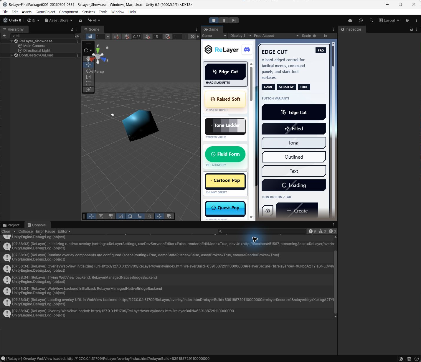 ReLayer Showcase running in the Unity Editor