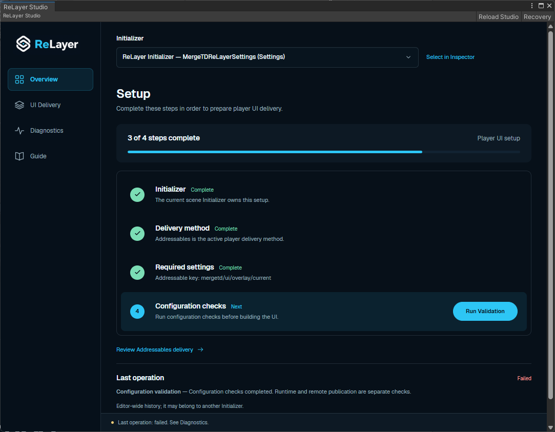 ReLayer Studio Overview open in Unity with player UI setup progress, validation, delivery, diagnostics, and guide navigation